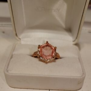 Rose Gold Hexagon Pink Halo Ring - Women's Fashion Ring